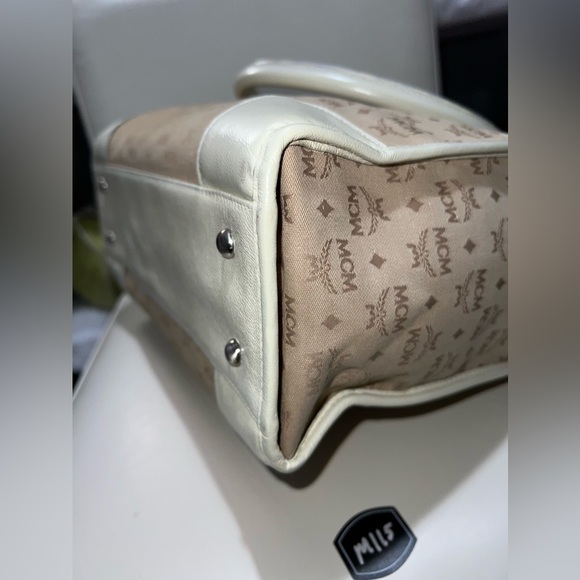 MCM Work Laptop Tote Bag Khaki Canvas MCM Visetos Logo Cream /Gray Leather Trim - Picture 9 of 13